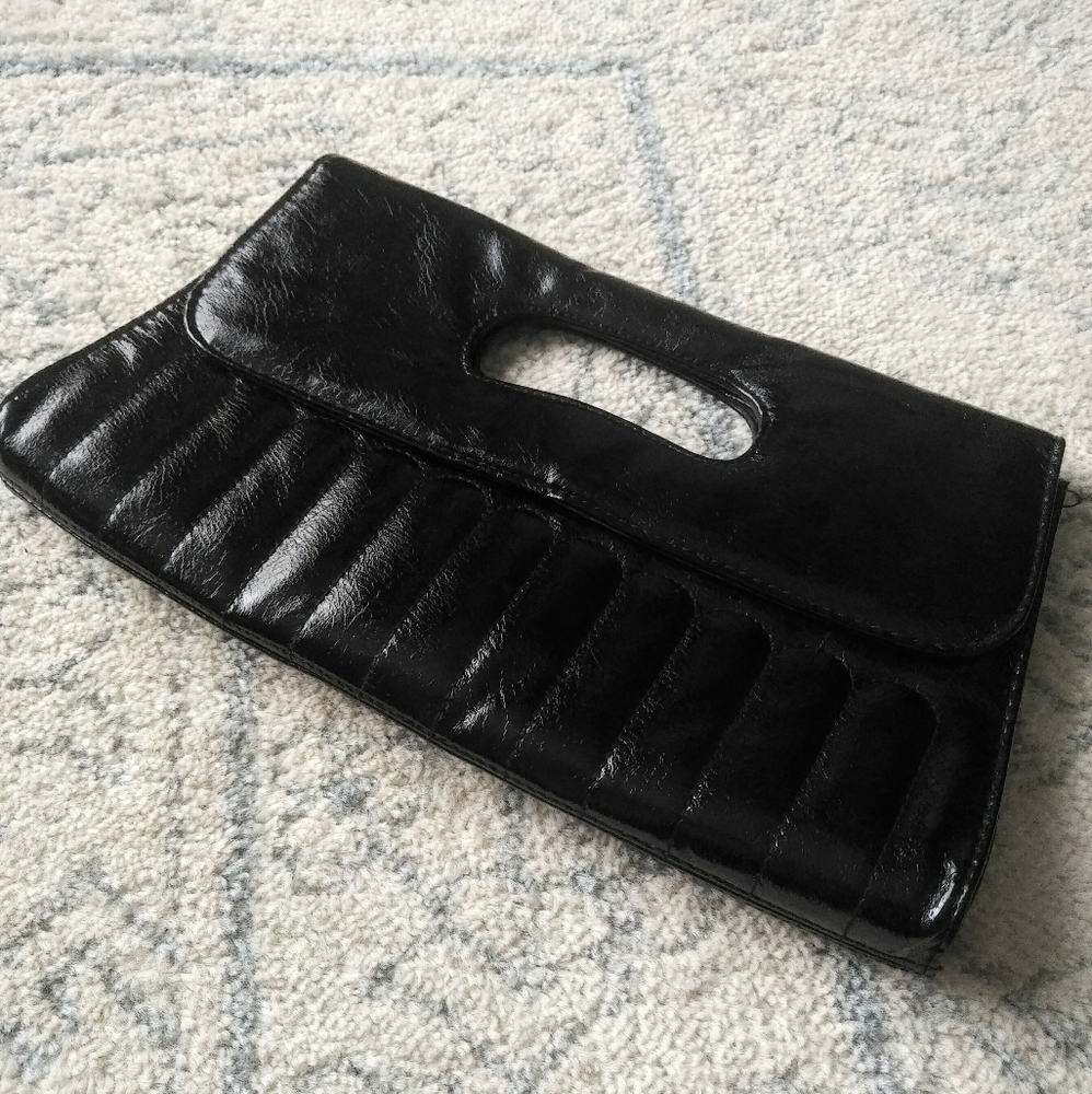 Cute Quilted Black Snap Clutch Faux Patent Leather